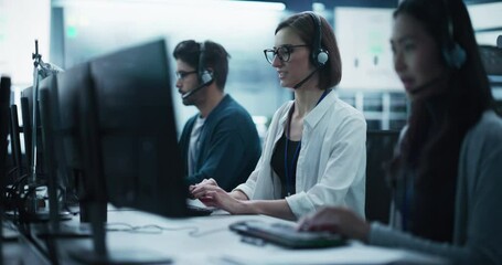 Poster - Help Desk Specialist Having a Conversation on a Call, Providing Technical Support to Client Experiencing Computer Hardware and Software Issues. Female Using a Headset to Talk with a Tech Team