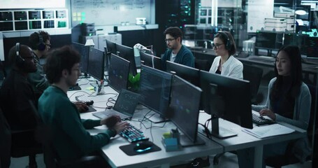 Fototapete - Team of Six Diverse Multiethnic Software Developers Working on Computers, Programming Advanced Code, Managing Artificial Intelligence Projects Online for Innovative Internet Based Blockchain
