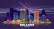 Orlando ( Florida ) night city skyline. Vector Illustration. Business travel and tourism concept with modern buildings. Image for presentation, banner, and website.
