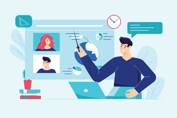 Poster - Blue concept Online teaching with people scene in the flat cartoon design. Teacher explains new topic for students whose studies at home. Vector illustration.