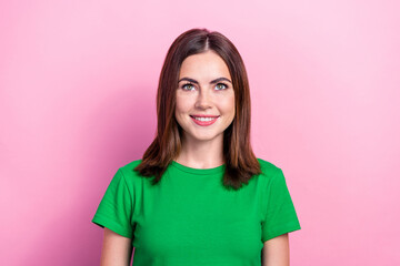 Sticker - Photo of optimistic satisfied lovely girl with bob hairstyle dressed green t-shirt look empty space isolated on pink color background