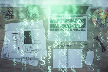 Poster - Multi exposure of financial chart drawing over table background with computer. Concept of research. Top view.