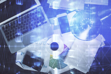 Aufkleber - Multi exposure of data theme drawing hologram over topview work desk background with computer. Concept of technology.