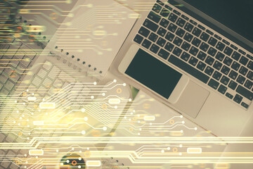Fototapete - Multi exposure of data theme drawing hologram over topview work desk background with computer. Concept of technology.