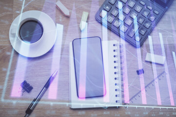 Poster - Multi exposure of forex graph hologram over desktop with phone. Top view. Mobile trade platform concept.