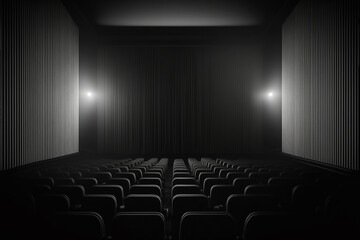 Generative Ai of empty seats in a cinema with black curtains. 