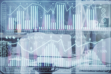 Aufkleber - Double exposure of stock market graph drawing and office interior background. Concept of financial analysis.