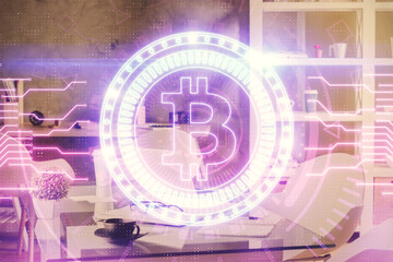 Aufkleber - Double exposure of crypto technology theme drawing and office interior background. Concept of blockchain.