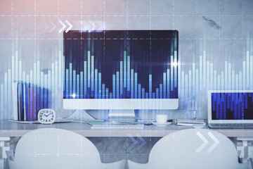 Poster - Multi exposure of stock market chart drawing and office interior background. Concept of financial analysis.
