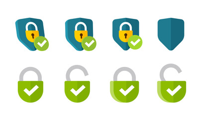 Wall Mural - Shield lick icon vector set as internet web secure safeguard defence protection graphic illustration clipart 3d and flat, green padlock open closed security unlock logo with check mark image