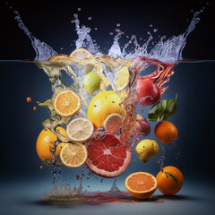 Exotic fruits in the water, water splashes, fruit levitation. Beautiful photo.