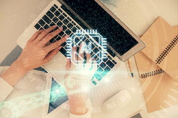 Fototapete - Double exposure of woman hands working on computer and data theme hologram drawing. Top View. Technology concept.