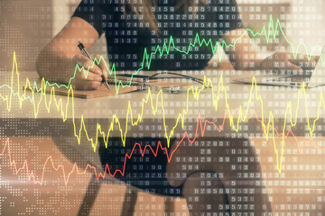 Poster - Double exposure of businesswoman hands typing on computer and forex chart hologram drawing. Financial analysis concept.