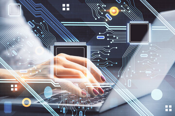 Fototapete - Multi exposure of woman hands working on computer and data theme hologram drawing. Tech concept.