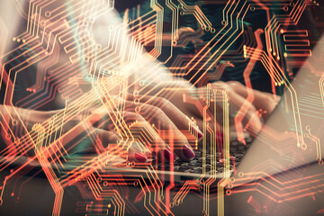 Fototapete - Double exposure of woman hands typing on computer and technology theme drawing. High Tech concept.