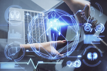 Poster - Double exposure of woman hands typing on computer and general theme hologram drawing. Education concept.