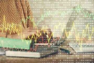 Poster - Double exposure of woman hands typing on computer and forex chart hologram drawing. Stock market analysis concept.