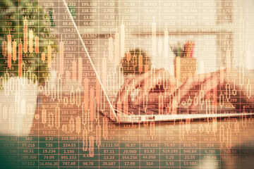 Poster - Double exposure of woman hands typing on computer and forex chart hologram drawing. Stock market invest concept.