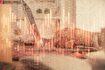 Aufkleber - Double exposure of woman hands typing on computer and forex chart hologram drawing. Stock market invest concept.