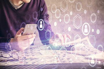Poster - Double exposure of man's hands holding and using a phone and social network theme drawing.