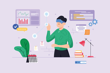 Aufkleber - Metaverse violet background concept with people scene in the flat cartoon style. Boy entered the metaverse with the help of gadgets and innovative technologies. Vector illustration.