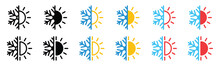 Hot And Cold Icons. Snowflake And Sun Icon Symbol. Air Temperature Symbol. Ice And Sun Icons For All Season On Apps And Websites, Vector Illustration