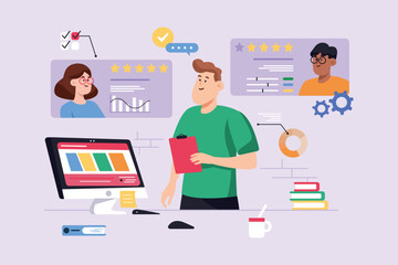 Poster - Recruiting violet background concept with people scene in the flat cartoon design. Recruiter reviews the application forms of candidates for a new position. Vector illustration.