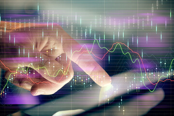 Poster - Multi exposure of man's hands holding and using a phone and financial chart drawing. Market analysis concept.