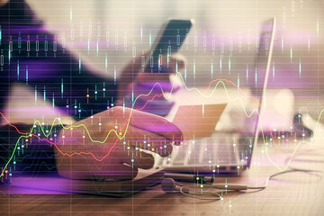 Aufkleber - Double exposure of man's hands holding and using a phone and financial graph drawing. Analysis concept.
