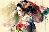 geisha colored with watercolors, generative ai