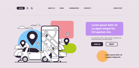 Poster - businesswoman ordering car in mobile application transportation carsharing service carpooling concept