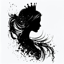 Silhouette Of Queen Face Or Head Side View, Young Woman Bride Or Lady Wear Tiara Or Crown Black Vintage Portrait. Elegant Female Character With Hairdo, Royal Person Black Shadow, Decal, Icon, Clipart