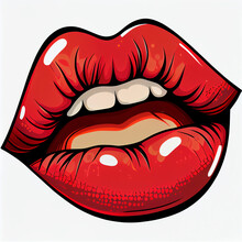 Sexy Woman Red Lip, Open Mouth With Lipstick. Female Pop Art Big Plump Glossy And Shiny Lips With Teeth And Tongue. Sensual Girl Hot Lips Cartoon Vintage Retro Sticker Isolated On White Background