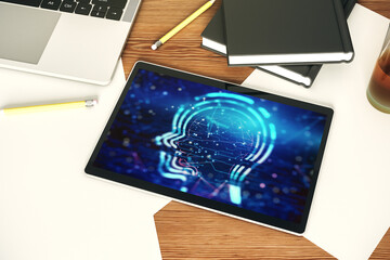 Aufkleber - Creative artificial Intelligence concept with human head sketch on modern digital tablet display. Top view. 3D Rendering