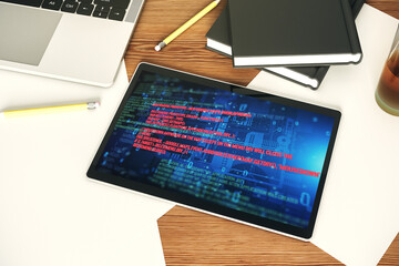 Aufkleber - Modern digital tablet monitor with abstract creative coding sketch, artificial intelligence and neural networks concept. Top view. 3D Rendering