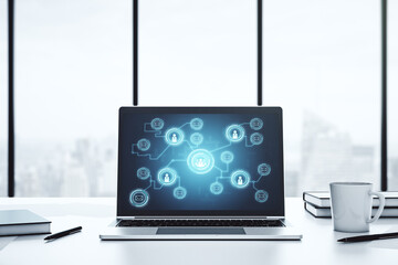 Poster - Modern computer display with social network icons concept. Networking concept. 3D Rendering