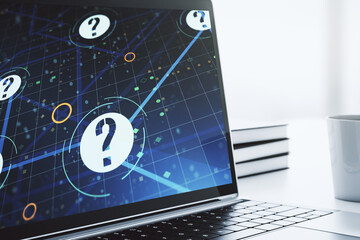 Aufkleber - Creative concept of question mark illustration on modern laptop screen. FAQ and search concept. 3D Rendering
