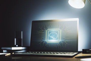 Aufkleber - Modern computer display with creative human brain microcircuit. Future technology and AI concept. 3D Rendering
