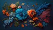 Top View, 3D Wallpaper Blue Flowers and Colorful Flowers Oil Paint on Blue Background. AI-Generated, Digital Illustration.