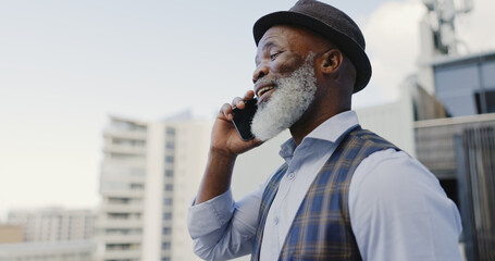 Poster - Phone call, business and black man talking in city, laughing and chatting. Cellphone, communication and senior male on 5g mobile smartphone networking, discussion or comic conversation with contact.