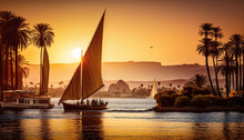 Felucca Ship Cruise Adventure Down The Nile River, Taking In All The Sights And Sounds Of Egypt. From The Bustling Markets Of Cairo To The Inspiring Temples Of Luxor. AI Generative