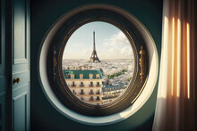 Hotel Room With View Of Scenic Paris Cityscape. AI Generative
