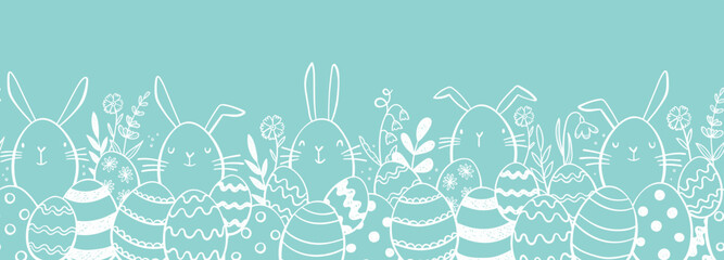 Wall Mural - Cute hand drawn Easter horizontal seamless pattern with bunnies, flowers, easter eggs, beautiful background, great for Easter Cards, banner, textiles, wallpapers - vector design