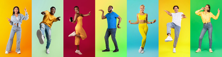 Poster - Group of happy carefree multiethnic people posing on colorful studio backgrounds