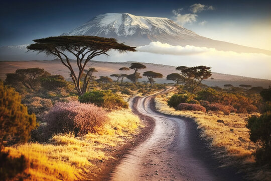 trail to kilimanjaro mountain, popular tourist attraction in africa. ai generative