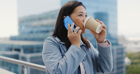 Sticker - Business woman, phone call and coffee in city, talking or chatting. Face, cellphone and female employee from Singapore drinking tea while speaking or networking with contact on 5g mobile smartphone.