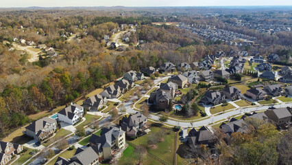 Wall Mural - Aerial view suburban residential neighborhood with Chestnut Mountain in distance background near Atlanta, Georgia, USA