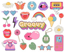 Groovy Retro Clipart Set. Funny Stickers Or Badges In Trendy Psychedelic Cartoon Style. Trendy Pop Culture Badges Graphic Design Icons.