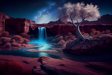 Wall Mural - Dry tree in the middle of the desert under the stars with waterfall in winter landscape background, night light, AI Generative illustration