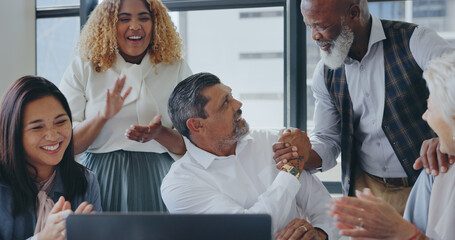 Poster - Business employees, laptop and applause for success on stock market, crypto company target goals and team support in office. Happy teamwork, management motivation and celebrate corporate tech winner